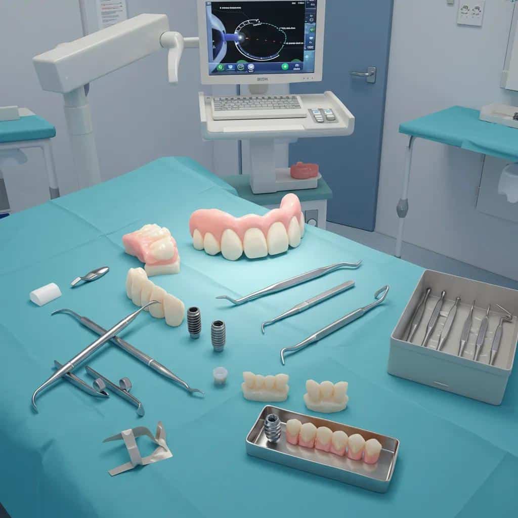 Surgical tools and materials laid out for a dental implant revision procedure in a clinical setting