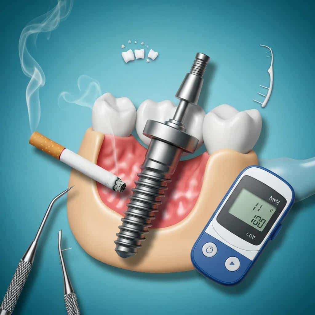 Symbolic representations of risk factors for dental implant failure, including smoking and diabetes