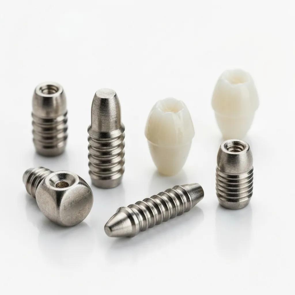 Variety of dental implant materials including titanium and zirconia for comparison