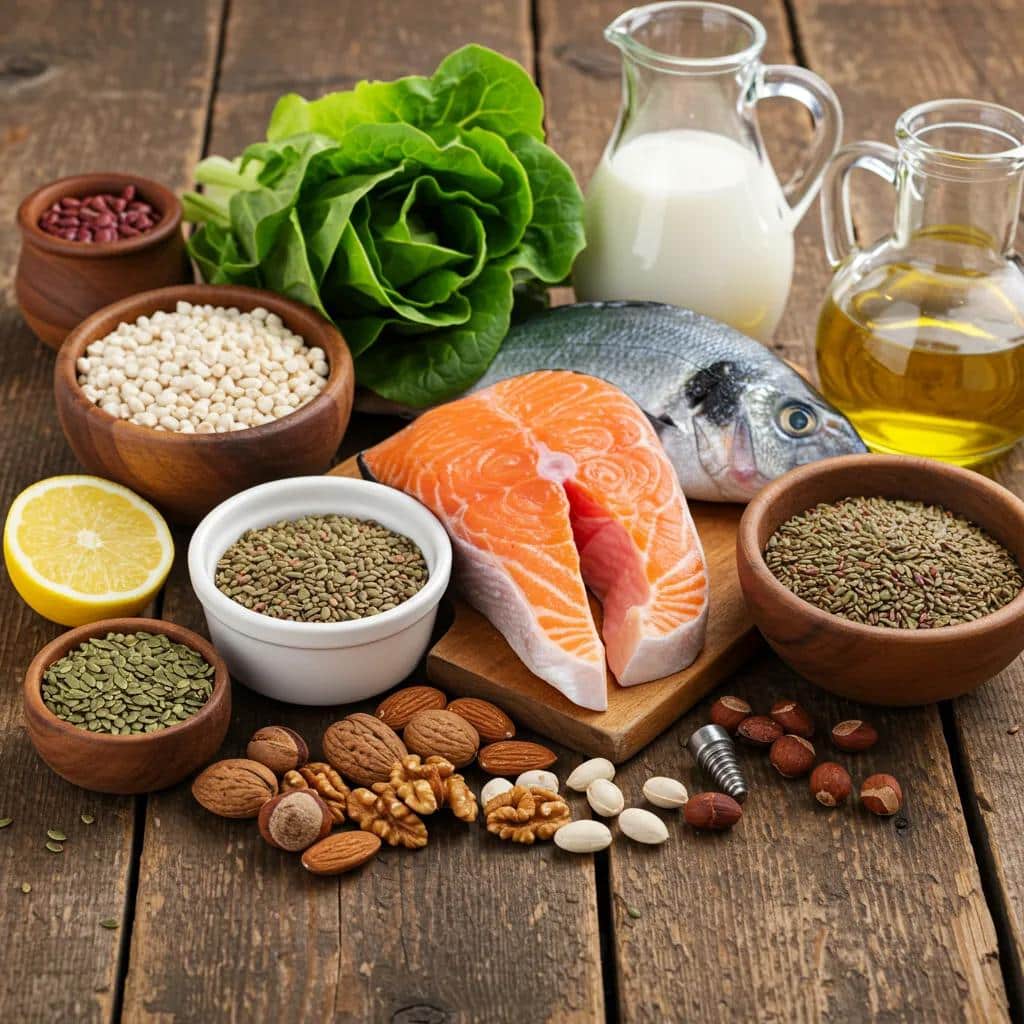 A vibrant display of nutrient-rich foods like leafy greens, dairy, and fish, all promoting strong bone and gum health for dental implants