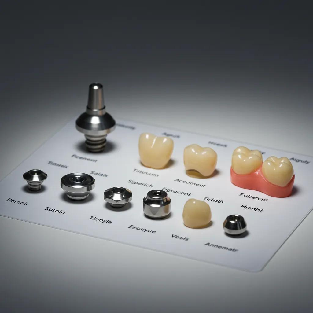 Various dental implant components including fixtures, abutments, and crowns