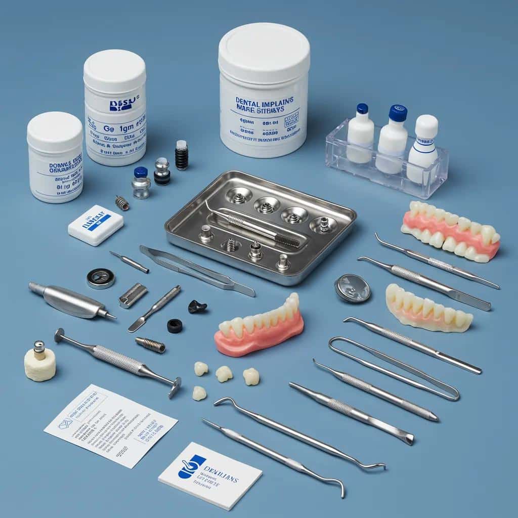 Various dental tools and materials used in dental implant procedures, illustrating additional expenses