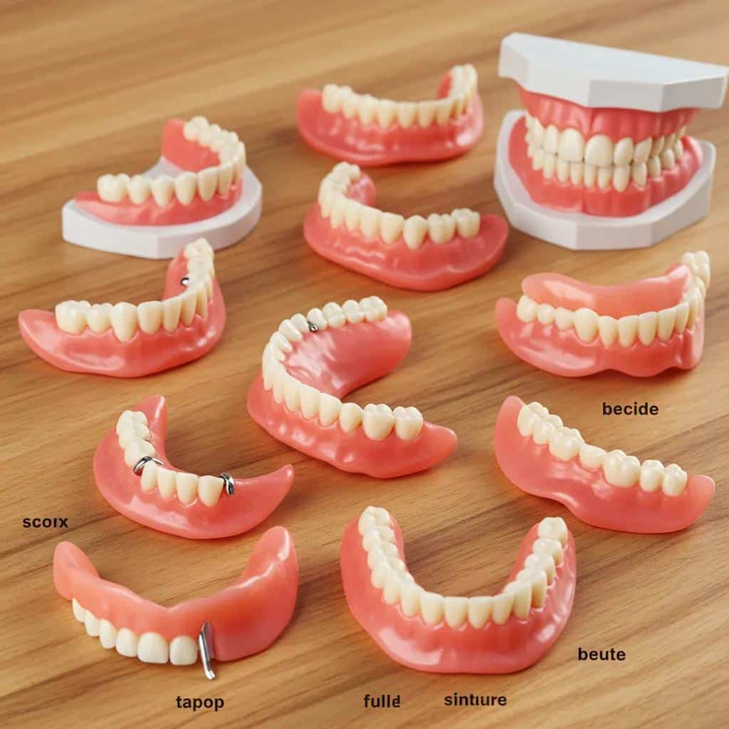 Various types of dentures displayed on a table, illustrating the options available for tooth replacement