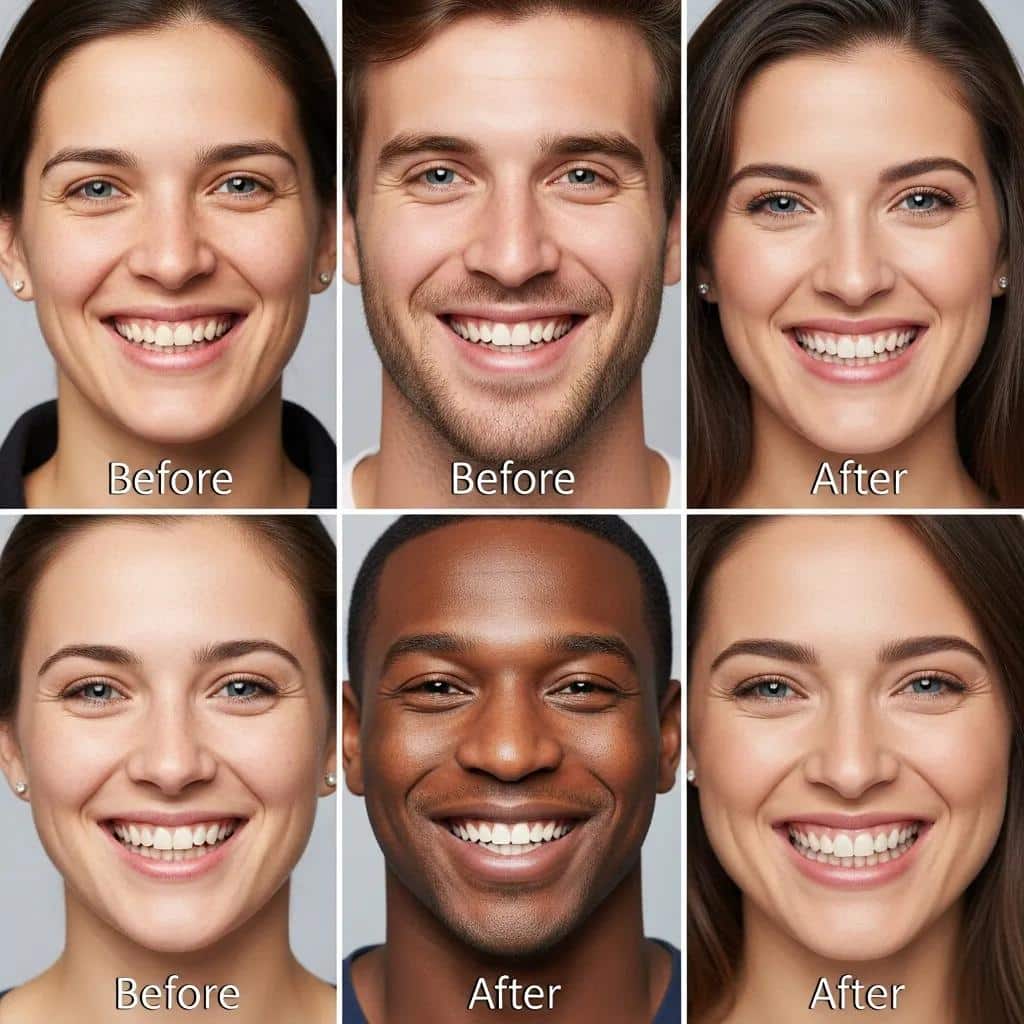 Before-and-after collage of dental implant success stories highlighting patient transformations