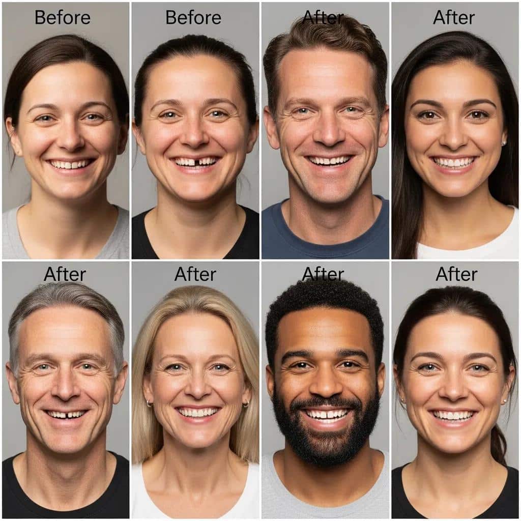 Before and after photos showing dental implant smile transformations