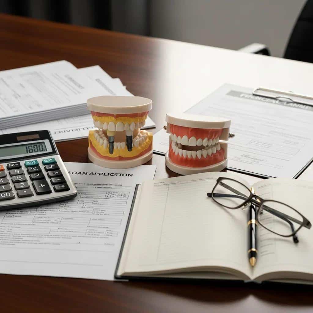 Calculator and dental implant models on a desk representing cost and financing options for dental implants
