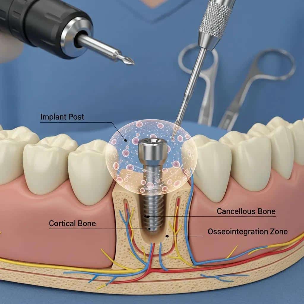 Close-up of a dental implant being placed in a jawbone model, illustrating osseointegration