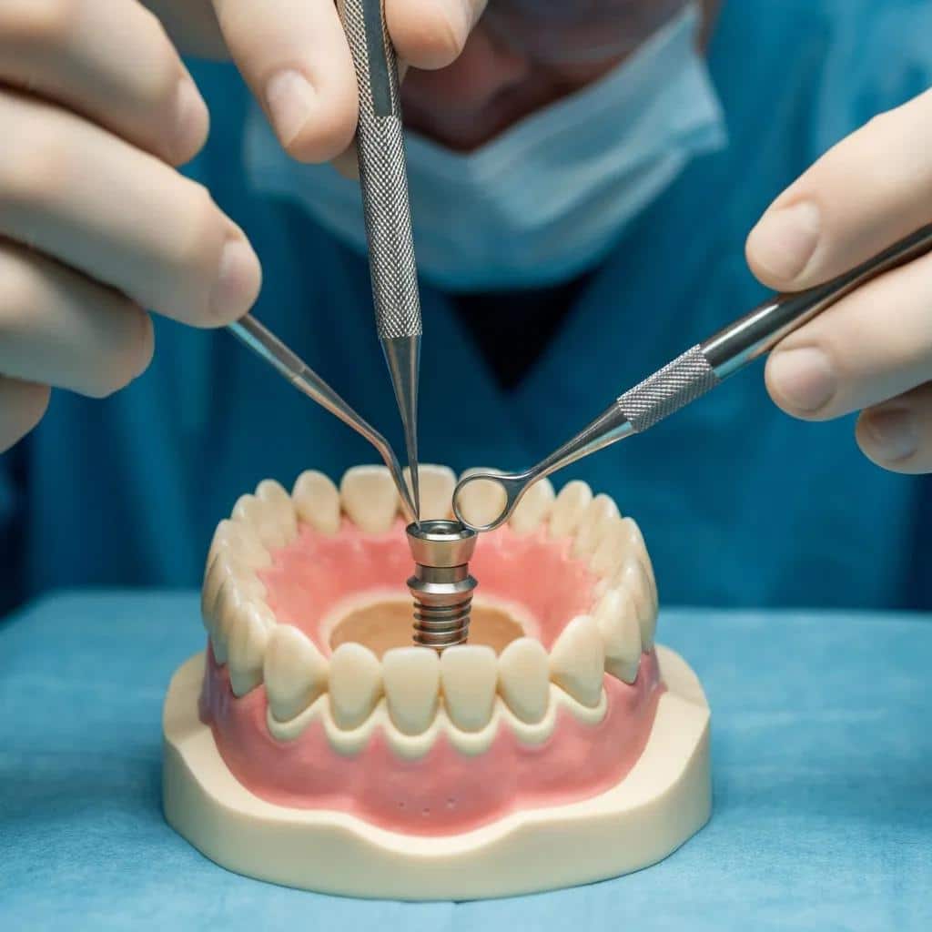 Close-up of a dental implant being placed in a jawbone model, illustrating the osseointegration process