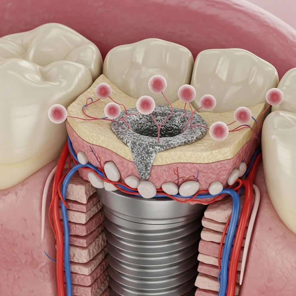 Close-up of a dental implant integrating with jawbone, illustrating the osseointegration process