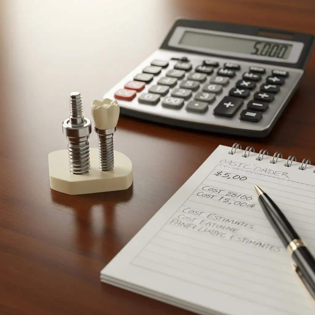 Close-up of a dental implant model beside a calculator and notepad to illustrate cost estimates