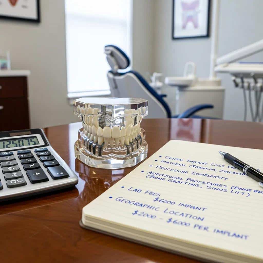 Close-up of a dental implant model with cost analysis tools in a dental office