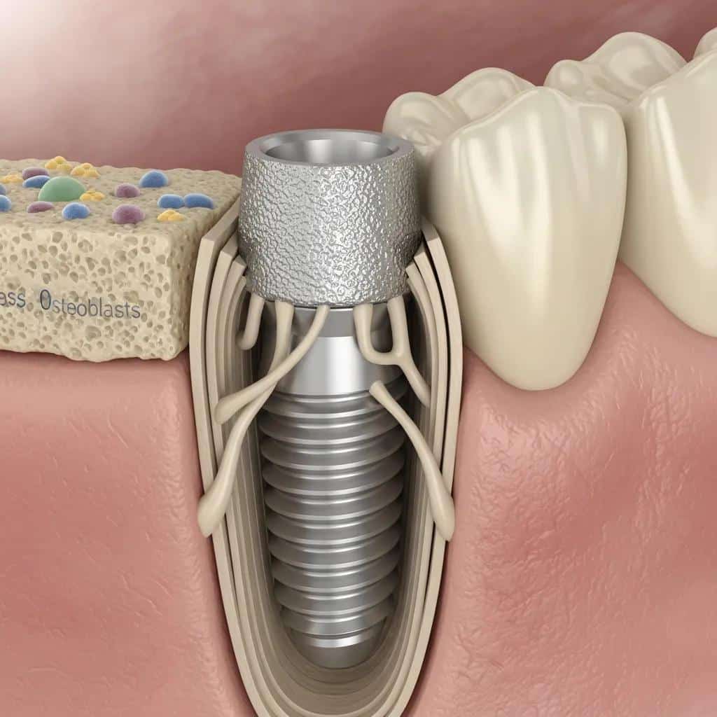 Close-up showing an implant post integrated with bone (osseointegration)