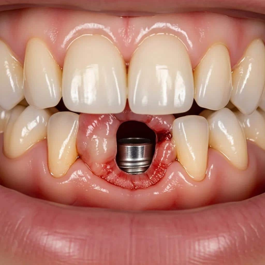 Close-up showing inflammation around a dental implant site