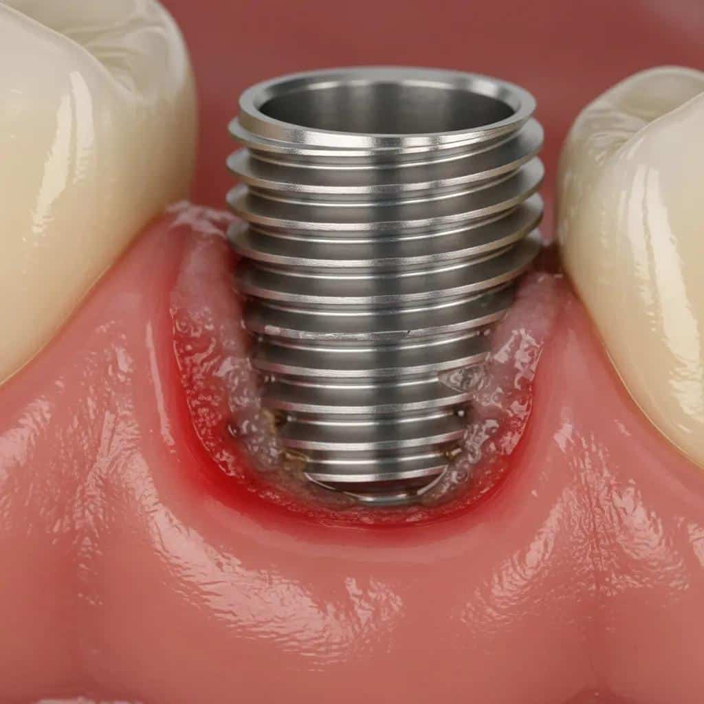 Close-up of an implant site with inflamed gum tissue to illustrate peri-implantitis