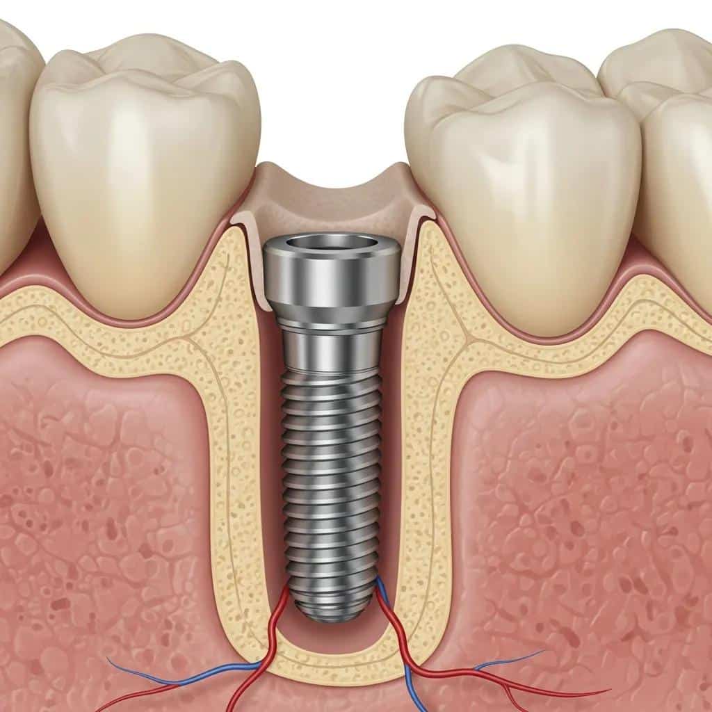 Close-up of a jawbone with dental implants showing osseointegration and bone health