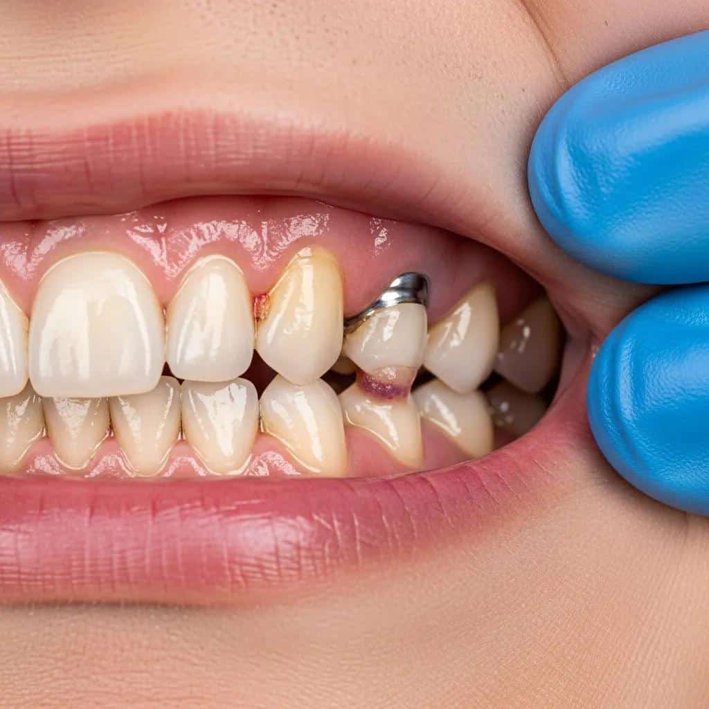 Close-up showing inflamed gums around a dental implant — early signs of implant problems