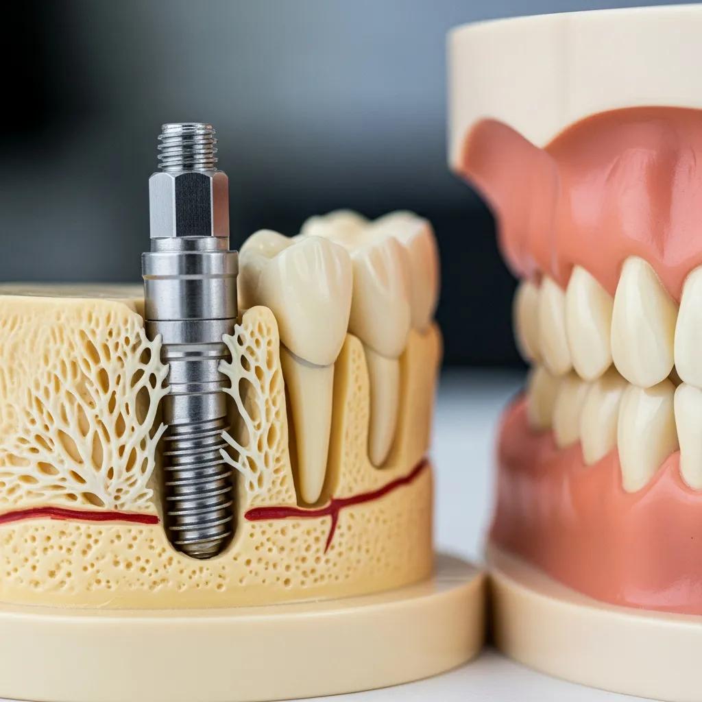 Close-up of dental implant and jawbone model illustrating longevity factors