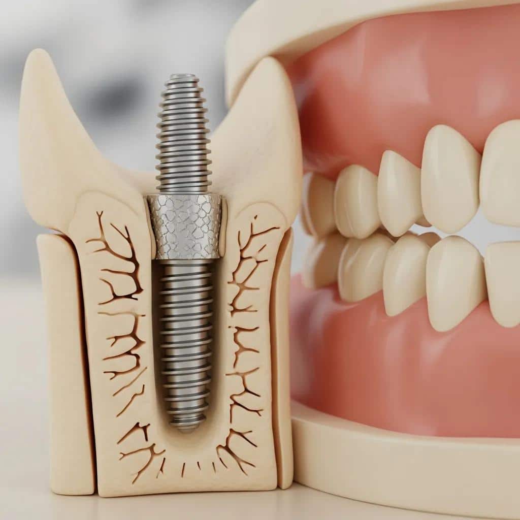Close-up of dental implant and jawbone model illustrating osseointegration
