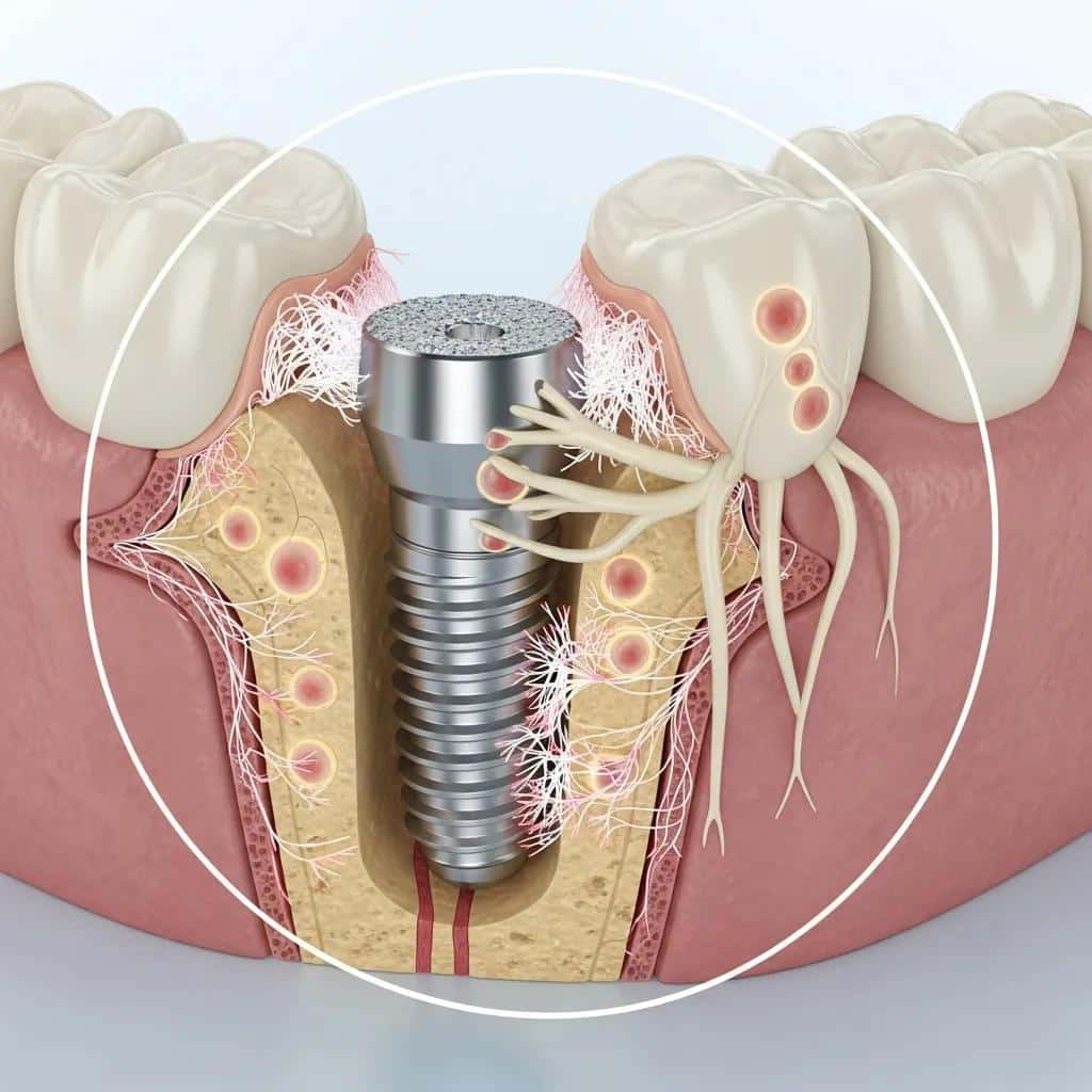 Close-up of dental implant in jawbone model illustrating osseointegration process