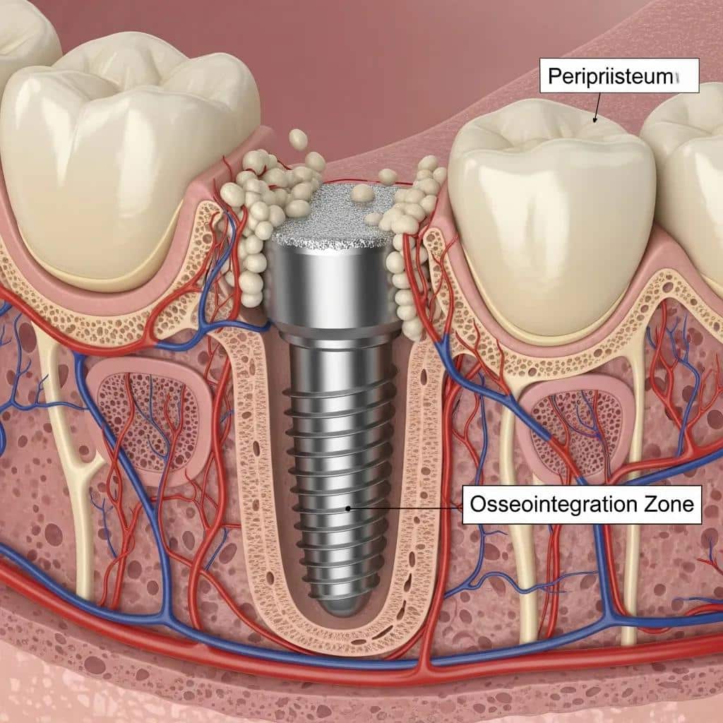 Close-up of dental implant integrating with jawbone during osseointegration process
