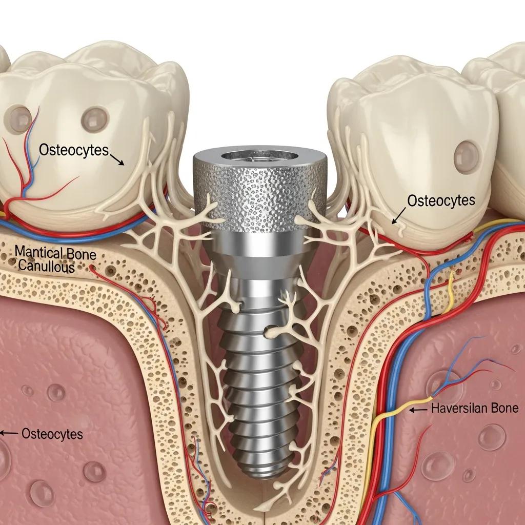 Close-up of dental implant integrating with jawbone illustrating osseointegration
