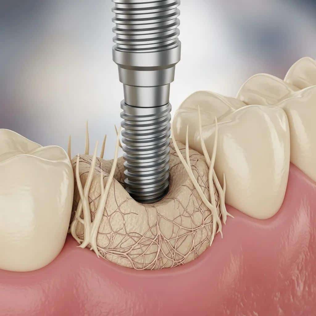 Close-up of dental implant integration with jawbone during osseointegration