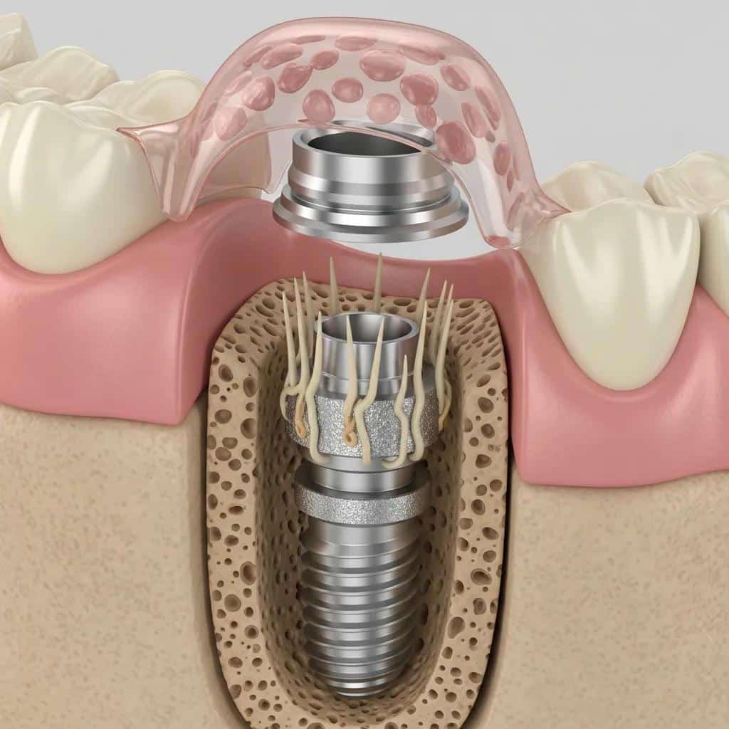 Close-up of dental implant placement in jawbone model illustrating osseointegration
