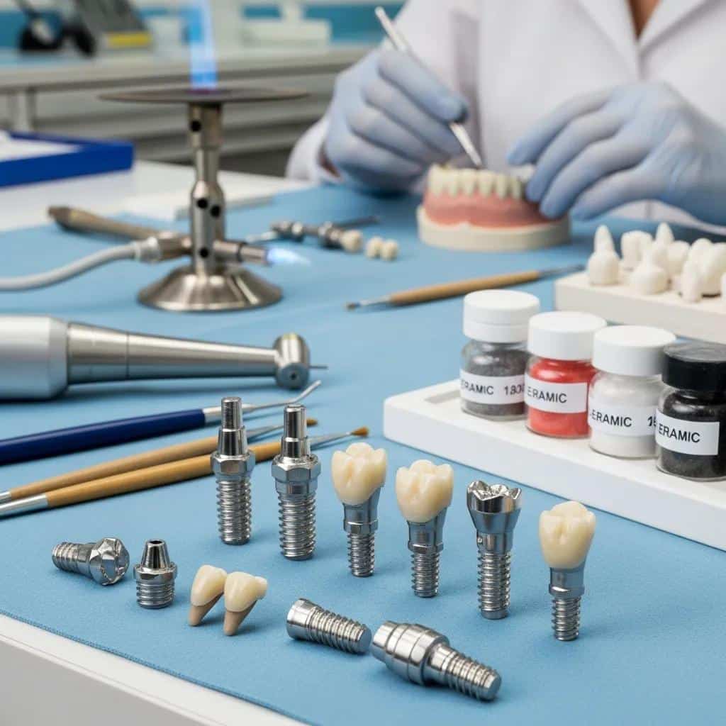 Close-up of high-quality dental implants in a dental lab, highlighting materials and tools used in their creation