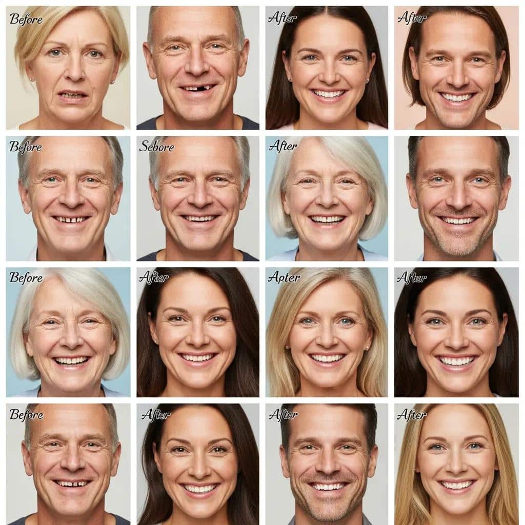 Collage of before-and-after dental implant patient transformations showcasing improved smiles and confidence