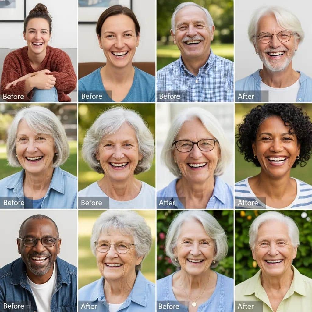 Collage of happy dental implant patients showing transformative smiles and confidence