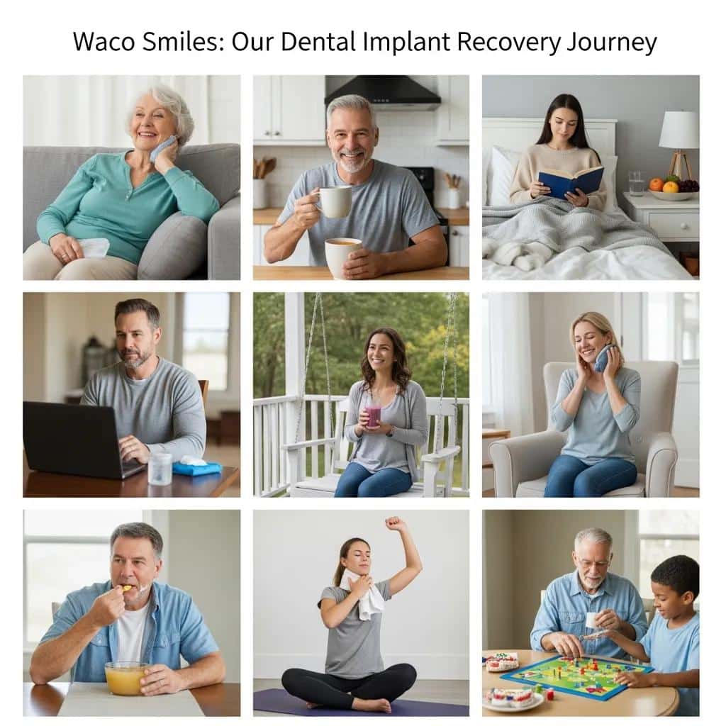 Collage of Waco patients sharing their recovery experiences after dental implants, emphasizing self-care and emotional support