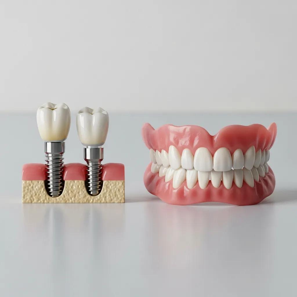 Comparison of a dental implant and a denture on a clean surface