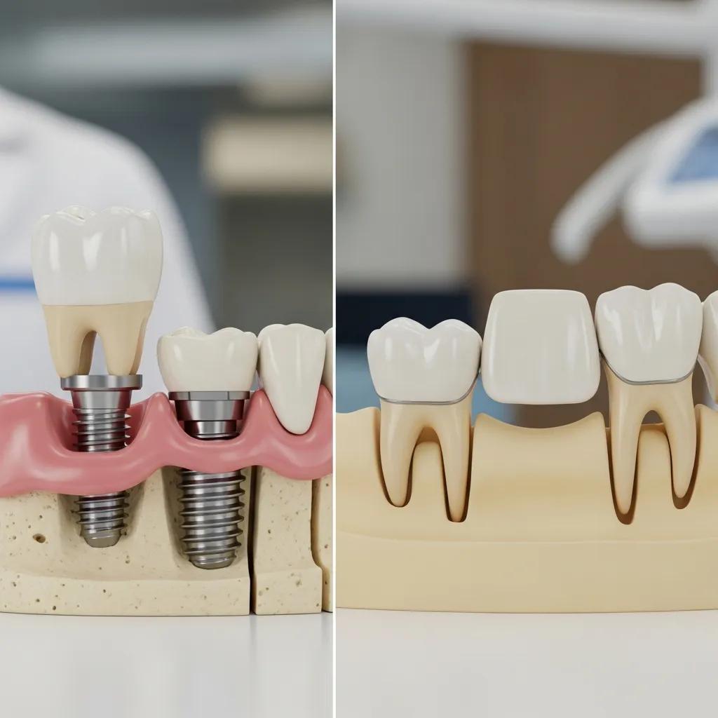 Side-by-side illustration comparing an implant and a bridge