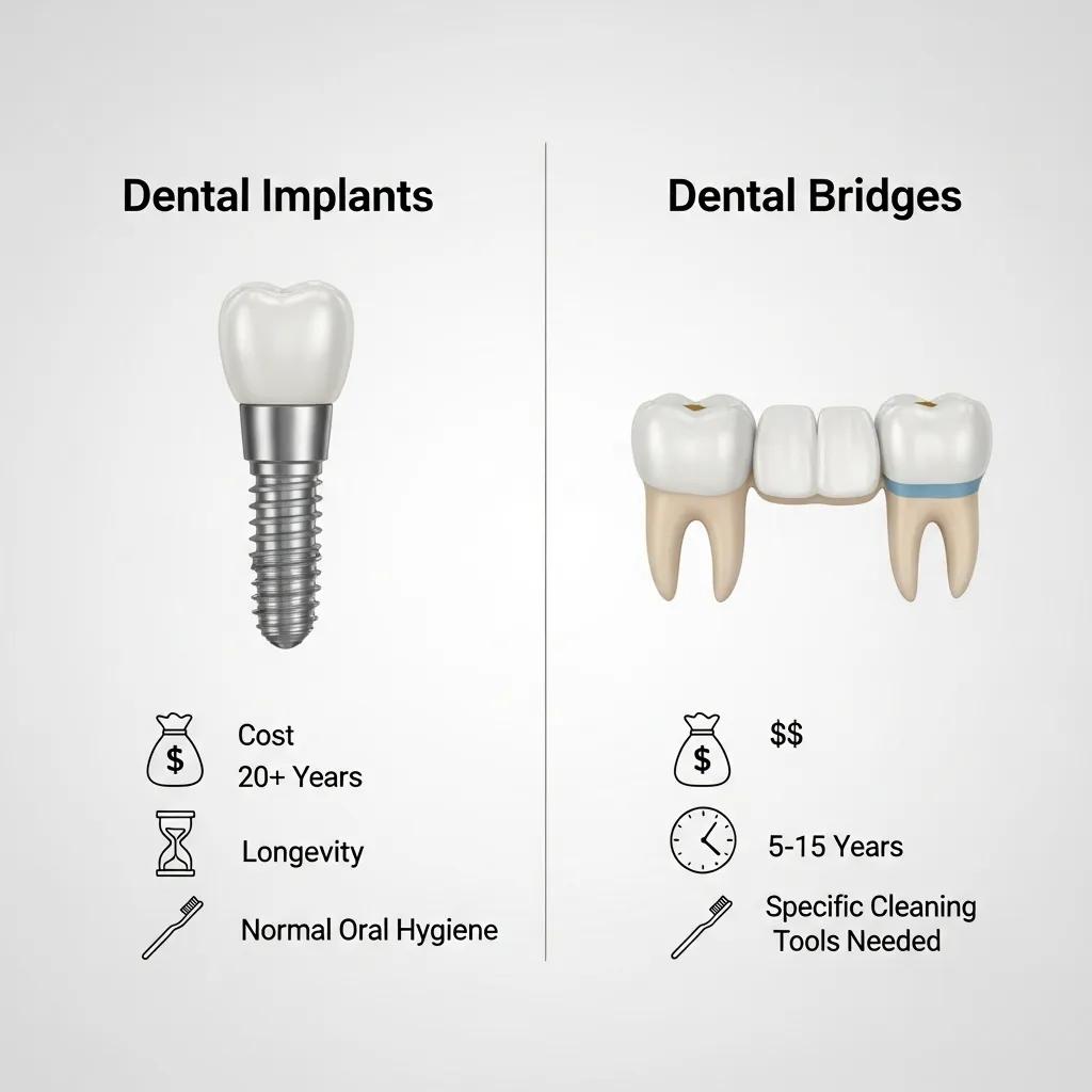 Graphic comparing long-term cost and value of implants versus bridges