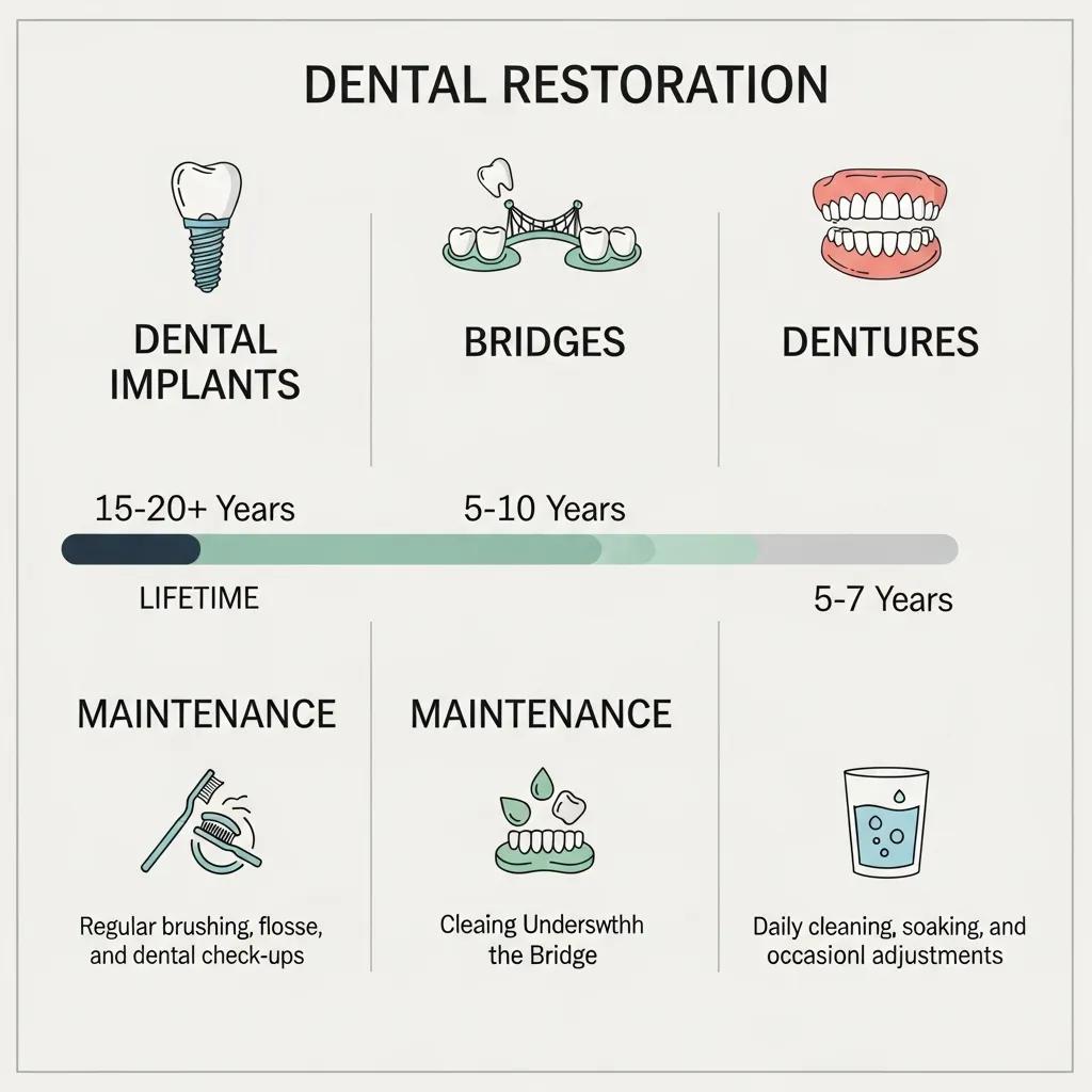Comparison of longevity between dental implants, bridges, and dentures with icons and visual elements