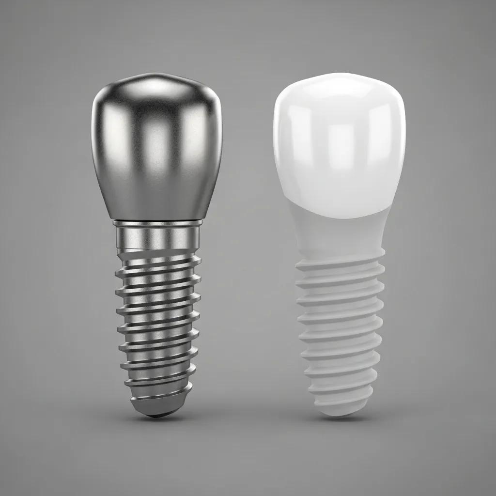 Side-by-side view of titanium and zirconia dental implants on a neutral surface