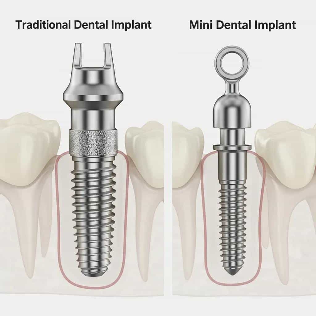 Comparison of traditional and mini dental implants showcasing their structural differences