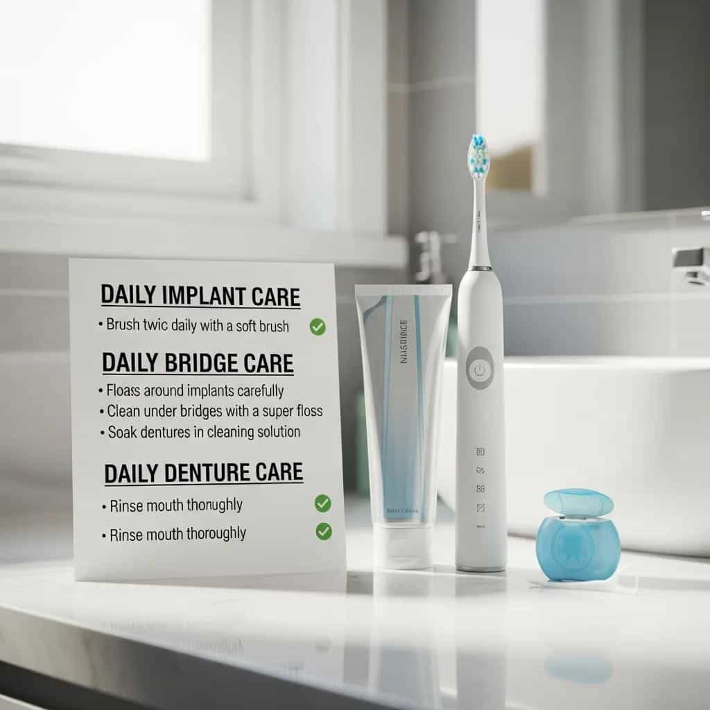 Dental care checklist for implants, bridges, and dentures on a bathroom counter
