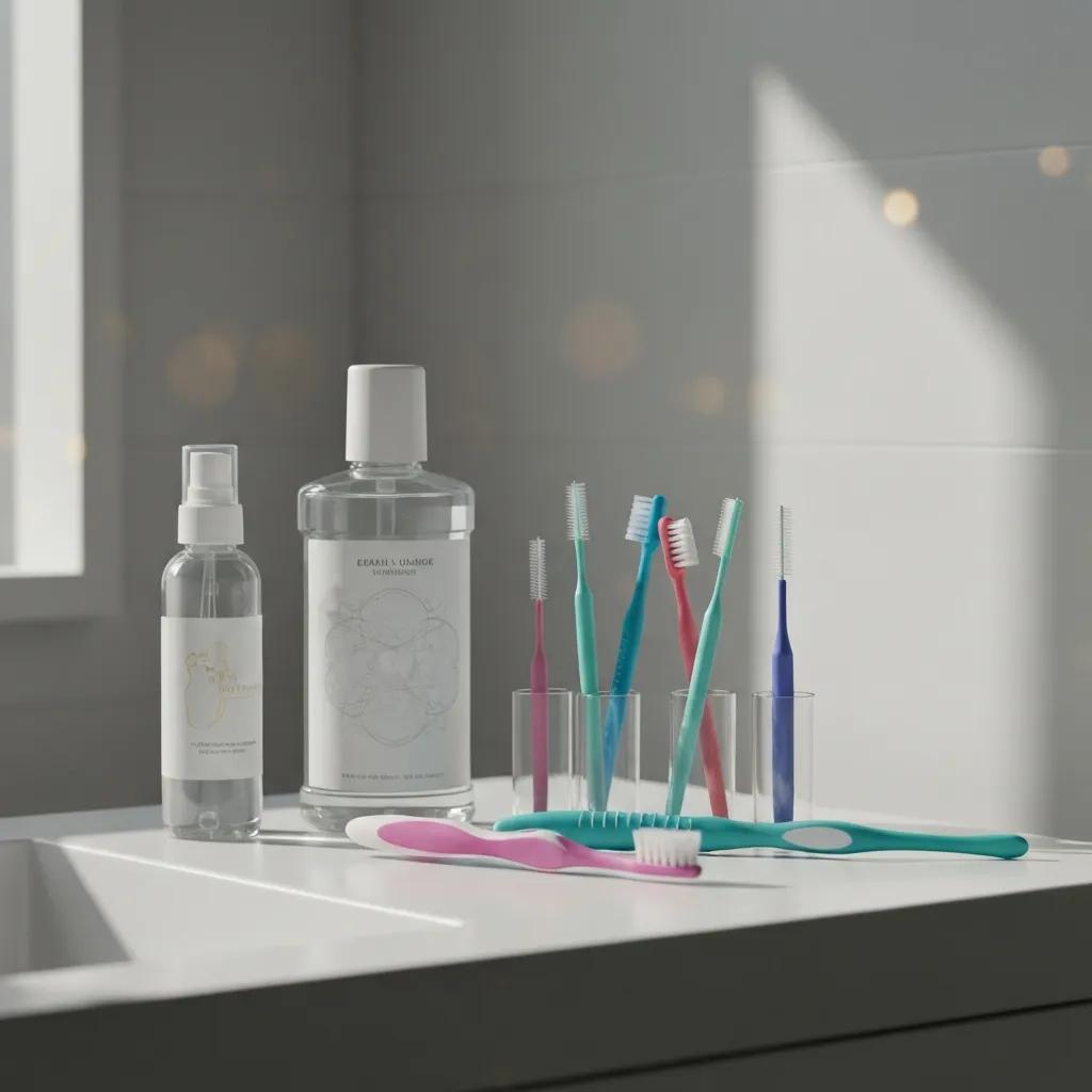 Dental care products for maintaining implant longevity on a bathroom counter