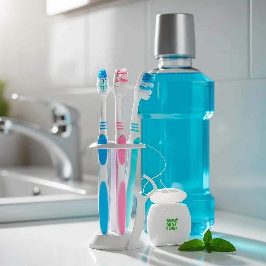 Dental care tools for maintaining implants, bridges, and dentures on a bathroom counter