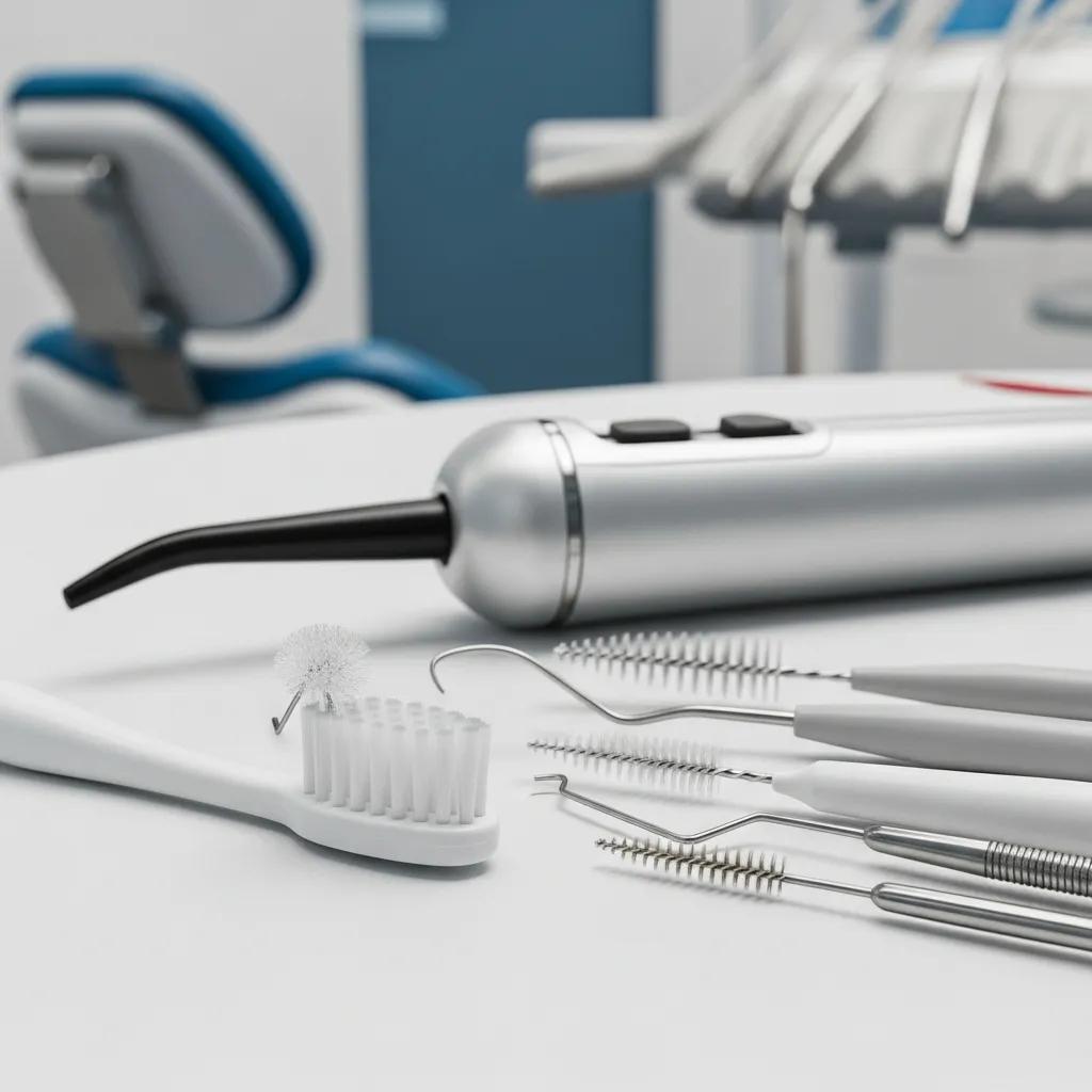Dental cleaning tools for maintaining dental implants, including toothbrushes and interdental brushes