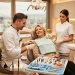 Dental clinic scene depicting a patient receiving care for dental implants, highlighting a warm and professional environment