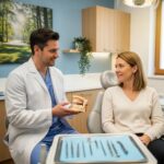 Dental clinic scene with a dentist explaining dental implants to a patient, emphasizing comfort and care