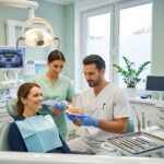 Dental clinic scene with a patient and dentist discussing dental bridges