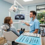 Dental clinic scene with a patient receiving care for dental implants, highlighting pain relief and recovery