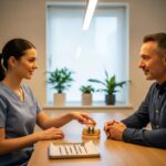 Dental consultation about implant replacement in a welcoming clinic setting