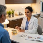 Dental consultation about implants in a warm clinic setting