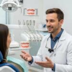 Dental consultation on implants and crowns in a modern dental office