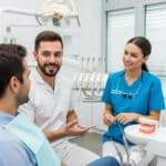 Dental consultation on implants, bridges, and dentures in a modern dental office