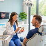 Dental consultation on implants with a smiling dentist and engaged patient in a warm clinic setting